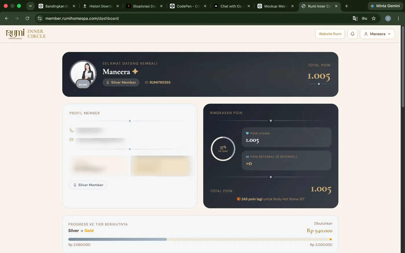 Rumi Inner Circle member dashboard — personal member data blurred